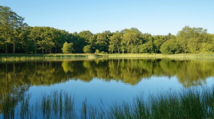 Wall Mural - Calm lake surrounded by summer trees, with space for text in the reflection