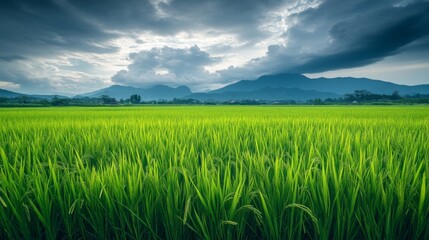 Poster - Lush Green Rice Field Under Dramatic Cloudy Sky