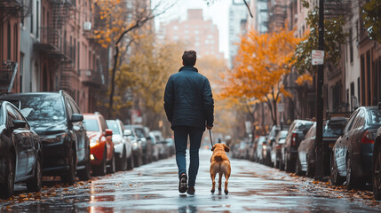 A man leads a dog on a leash while walking along a city street.
