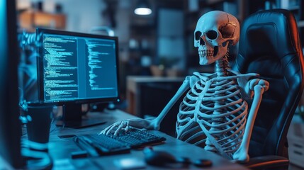 Aufkleber - A skeleton is sitting at a computer desk with a keyboard