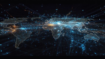 Leinwandbilder - A digital rendering of the Earth's continents with lines and dots representing global connectivity