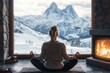 © vasyan_23 - Tranquil meditation in cozy cabin with stunning mountain view and warm fireplace ambiance