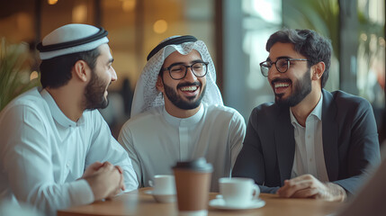 In a corporate office, businessmen enjoy coffee breaks and laugh together. Employees of a young start-up company chatting in the coworking space with a smile