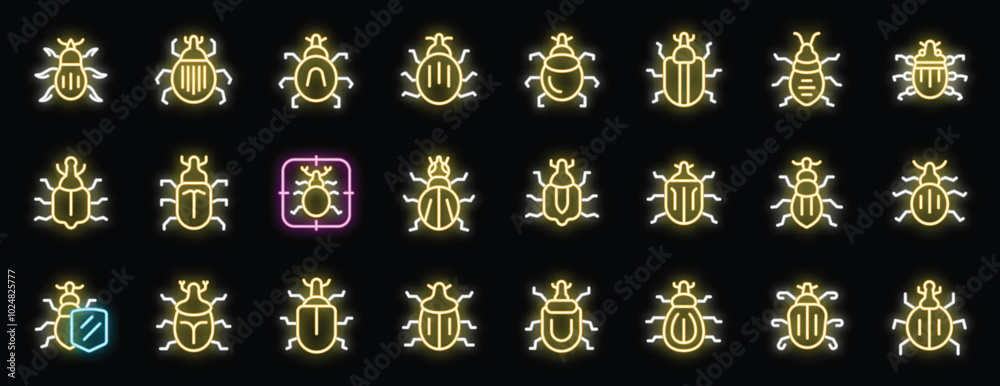 Set of neon icons depicting various types of bugs, with one highlighted ...