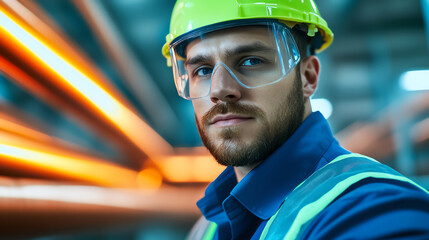 Confident male worker wearing a hard hat and safety goggles in an industrial setting, showcasing professionalism and safety in the workplace with vibrant background lighting.