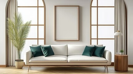 Minimalist interior with an empty frame mockup, a white sofa with pillows, and a palm tree in a pot.