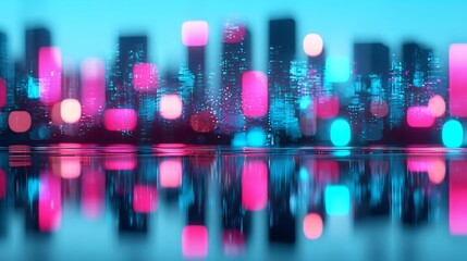 Poster - Vibrant city skyline with colorful lights reflecting on water, creating a captivating urban night scene filled with energy.
