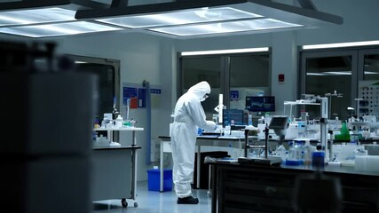 Poster - Scientist in protective suit conducts research in modern laboratory, utilizing sterile glassware and advanced equipment for chemical analysis in focused atmosphere
