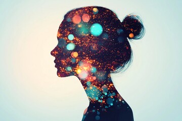 Poster - A creative silhouette of a woman filled with vibrant colors and sparkling lights, representing imagination and dreams.
