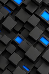 Poster - abstract 3d rendering of a dark gray cubes pattern background with some blue illuminated areas