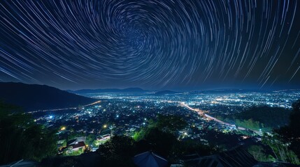 Wall Mural - star trail captured in city skyline at night. long exposure for astophotography