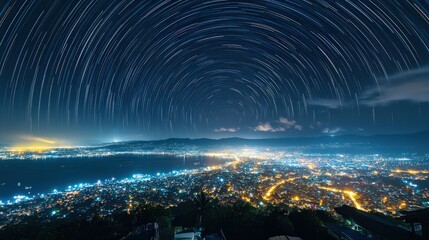 Wall Mural - star trail. night sky astrophotography with city lights motion long exposure