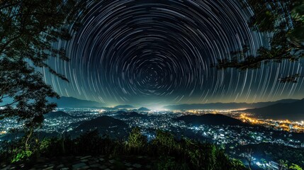 Wall Mural - star trail over city skyline - astrophotography long exposure lombok night motion
