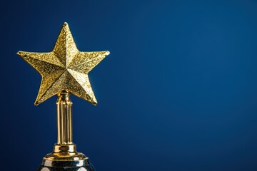 Star Trophy - Gold Shiny Trophy on Blue Background, Symbol of Victory