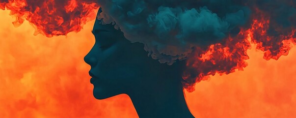 Poster - A striking silhouette of a profile against a fiery backdrop, combining creativity and surreal aesthetics for artistic expression.