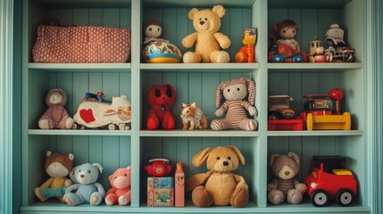 A colorful display of assorted toys and plush animals neatly arranged on a shelf, perfect for children's playroom decor.