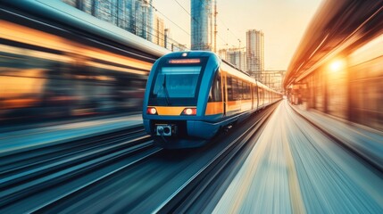 Fototapete - Fast Commuter Train in Urban Environment at Sunrise