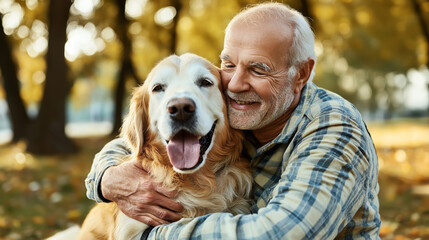 Wall Mural - Senior man with gray hair hugging a happy golden retriever dog in a park during autumn with trees in the background