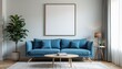 © Viktor - minimalistic interrior desighn with blue sofa and blank canvas mockup on a wall. A 3D render of a minimalist living room with a blue velvet sofa and a large square picture frame on a wall