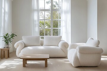 Minimalist, modern japandi interiors in the living room with windows and fluffy sofas. Generative AI
