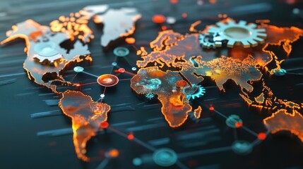 Poster - 3D illustration of colorful gears connecting, each representing different global markets working in harmony.