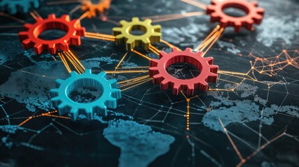 Poster - 3D illustration of colorful gears connecting, each representing different global markets working in harmony.