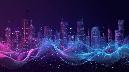 Poster - Illuminated Cityscape with Wavy Neon Lights and Sparkle Effect