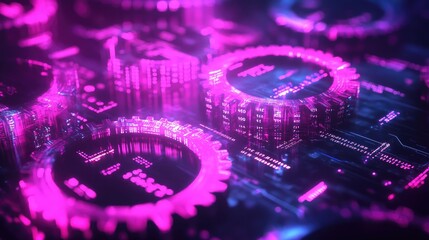 Poster - A futuristic 3D illustration of gears with digital code overlays, symbolizing the role of AI in business automation.