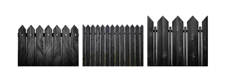Poster - A wooden fence with pointed tops is painted black. The fence is made of vertical planks with visible grain.