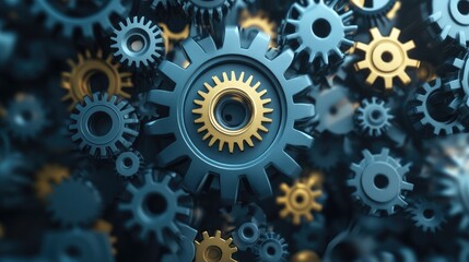 Poster - Abstract 3D illustration of metallic gears, with one large central gear symbolizing leadership driving business operations.
