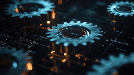Poster - Close-up of interconnected gears in motion, representing streamlined business operations and productivity, in a high-tech digital environment.