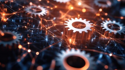 Poster - Close-up of interconnected gears in motion, representing streamlined business operations and productivity, in a high-tech digital environment.