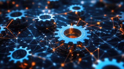 Poster - Close-up of interconnected gears in motion, representing streamlined business operations and productivity, in a high-tech digital environment.