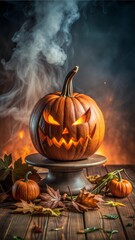 A scary spooky glowing carved halloween pumpkin lantern, Jack O' Lanterns, on the left of a wooden product display bench on a scary halloween night with a dark stone wall background lit from above.