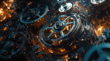 Poster - Close-up view of interconnected metal gears turning, symbolizing the driving force behind a strong economy.