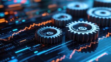 Poster - Detailed 3D rendering of gears with financial graphs in the background, symbolizing business growth through optimized processes.
