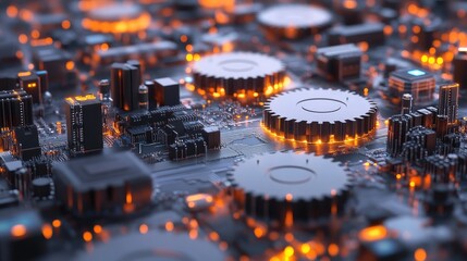 Poster - Digital 3D gears with circuit board elements embedded, symbolizing the fusion of technology and business process management.