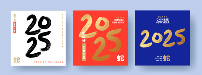 Aufkleber - Chinese New Year 2025 modern art design template for greeting card, poster, web banner. Set of 2025 Happy Chinese New Year calligraphy design. Hieroglyphics mean Happy New Year and symbol of the snake