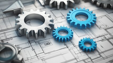 Poster - Dynamic 3D gears with blueprints in the background, emphasizing the planning and development stages of business processes.