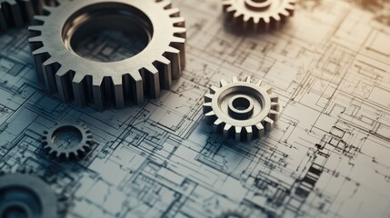Poster - Dynamic 3D gears with blueprints in the background, emphasizing the planning and development stages of business processes.