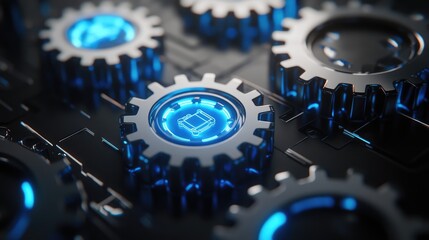 Poster - High-tech gears in a glowing environment, each gear representing a different function like sales, marketing, and production.