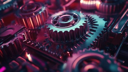 Poster - High-tech gears in a glowing environment, each gear representing a different function like sales, marketing, and production.