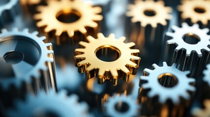 Poster - Silver and gold gears meshing together, symbolizing different industries contributing to the economy.