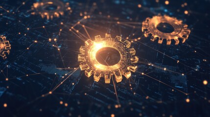 Poster - Rotating gears against a digital background, illustrating the innovation and technology driving the modern economy.