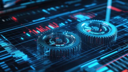 Poster - Transparent 3D gears rotating against a backdrop of business charts, highlighting the integration of data-driven decision-making.