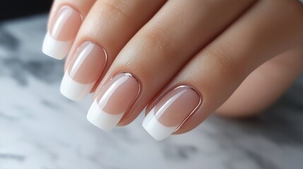 Wall Mural - Women's manicure with a delicate French design, gel polish with white stripes