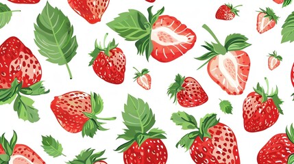 Wall Mural - Seamless pattern of red strawberries and green leaves on a white background.