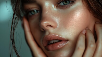 Wall Mural - Young woman touching her face isolated on dark background