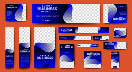 Fototapete - Waving Blue Web Banner template design set. horizontal, vertical, square ad banners layout.