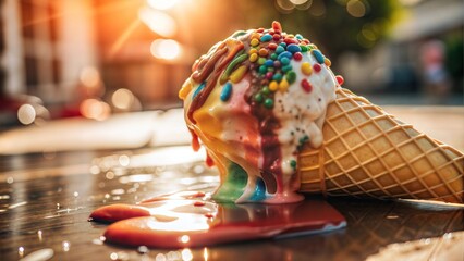 Melting ice cream cone with colorful sprinkles on a sunny summer day.